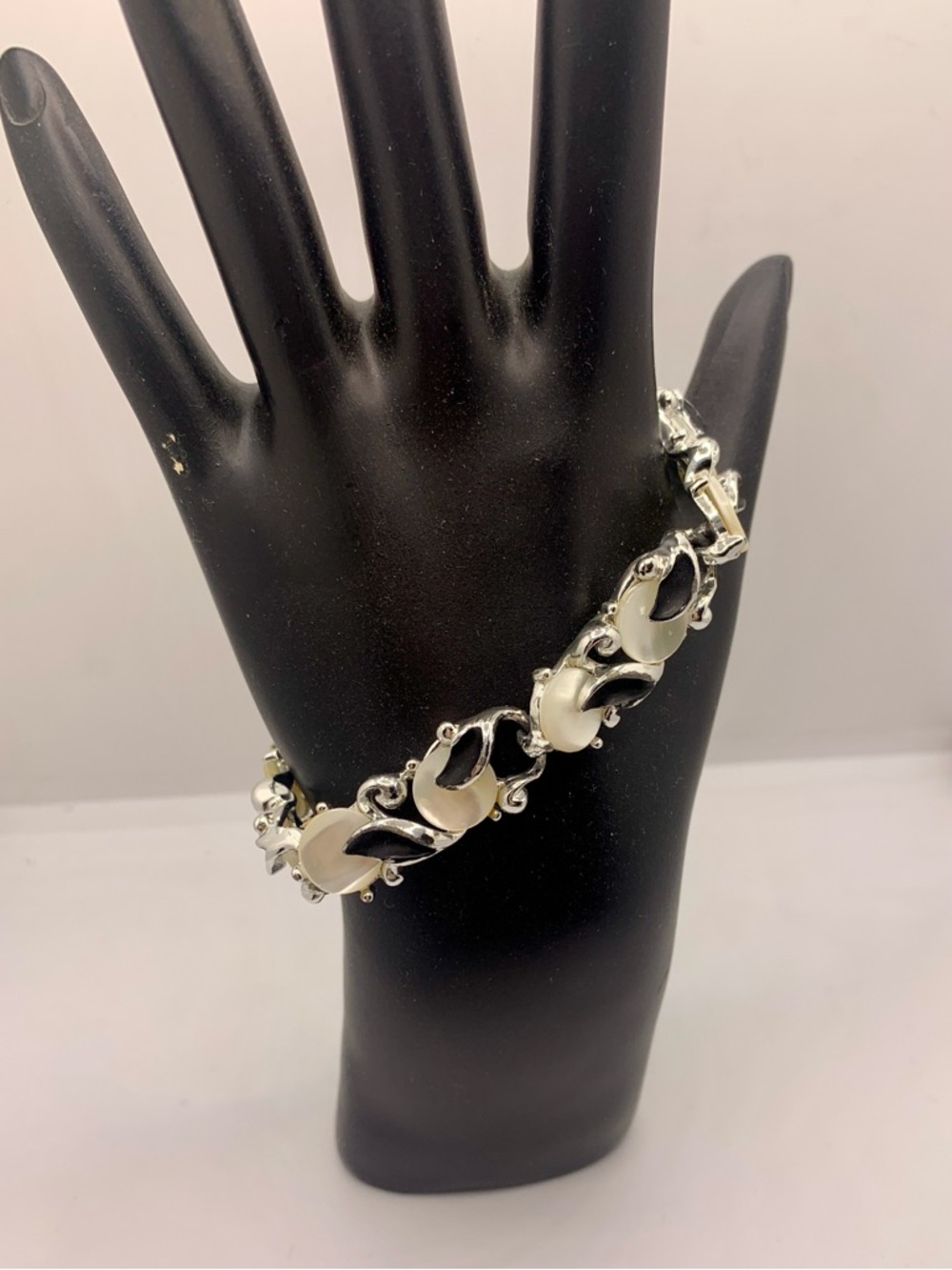 Silver Tone and Mother of Pearl and Black Enamel Link Bracelet